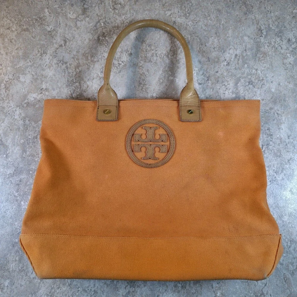 Tory Burch Rustic Fall Pumpkin Orange Canvas Leather Large Tote Bag Floral Lined